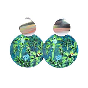 Tropical jungle dangle acrylic earrings in forest green with toucan and monkeys