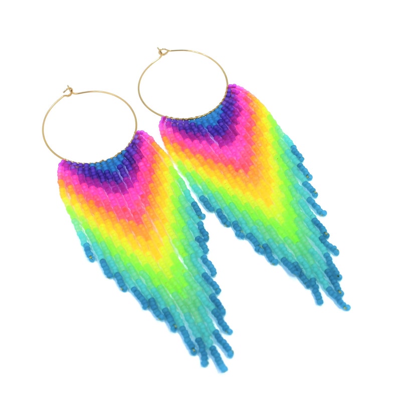Beaded fringe earrings with rainbow neon gradient on gold stainless steel hoop 35mm hoop, 11/0 seed beads image 2