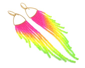 Beaded fringe earrings with rainbow neon gradient & gold circular triangle charm
