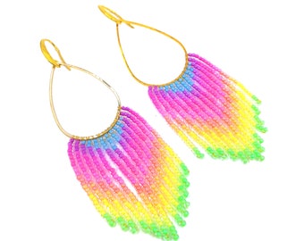 Beaded fringe earrings, rainbow neon gradient & gold teardrop charm