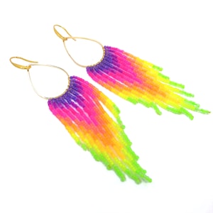 Beaded fringe earrings with rainbow neon gradient & gold teardrop charm