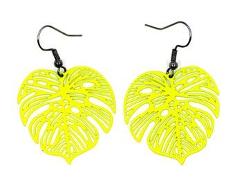 Neon yellow monstera filigree dangle stainless steel earrings