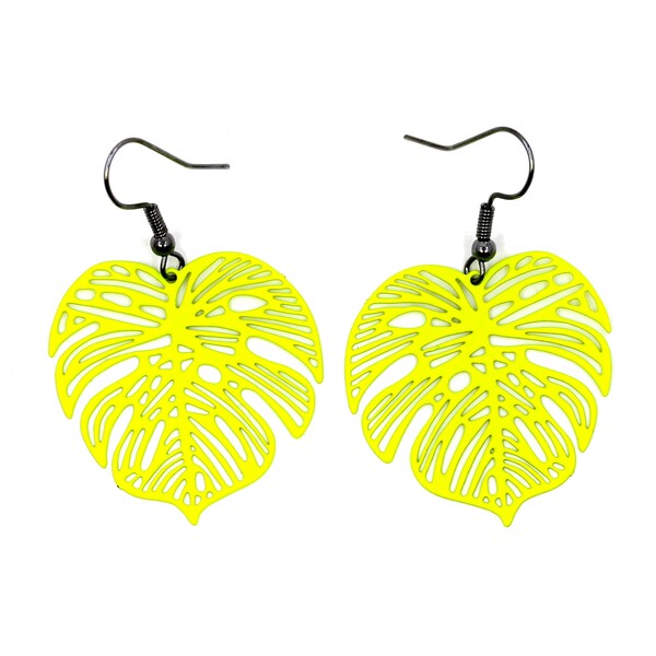 Neon yellow monstera filigree dangle stainless steel earrings