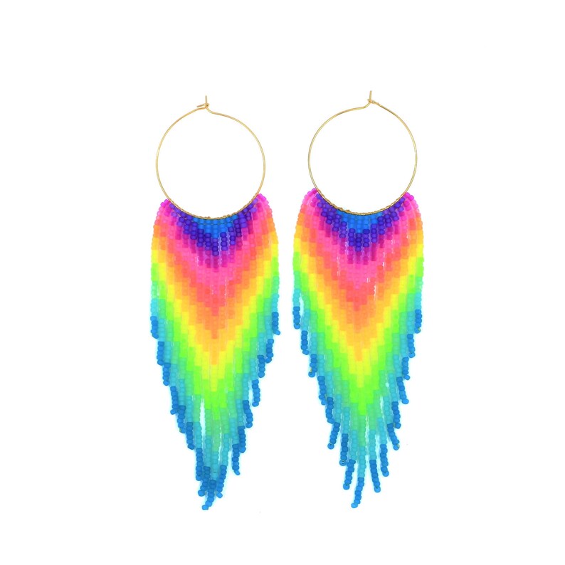 Beaded fringe earrings with rainbow neon gradient on gold stainless steel hoop 35mm hoop, 11/0 seed beads image 1