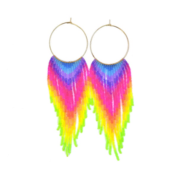 Beaded fringe earrings with rainbow neon gradient on gold stainless steel hoop (30mm hoop, 15/0 seed beads)