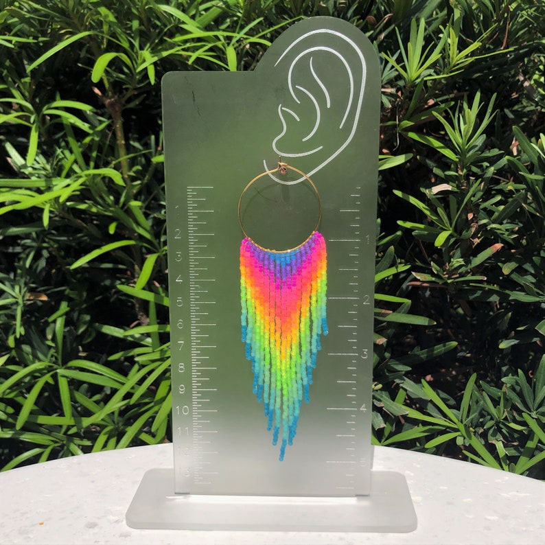 Beaded fringe earrings with rainbow neon gradient on gold stainless steel hoop 35mm hoop, 11/0 seed beads image 8