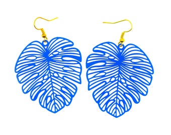 Royal blue monstera filigree dangle stainless steel earrings