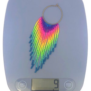 Beaded fringe earrings with rainbow neon gradient on gold stainless steel hoop 35mm hoop, 11/0 seed beads image 4
