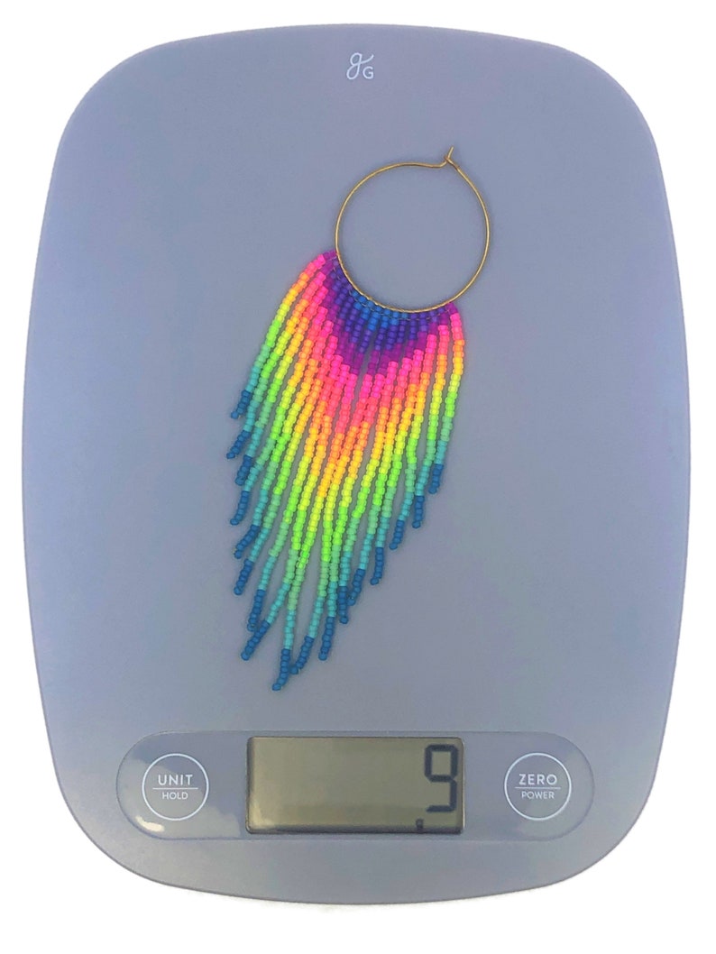 Beaded fringe earrings with rainbow neon gradient on gold stainless steel hoop 35mm hoop, 11/0 seed beads image 4