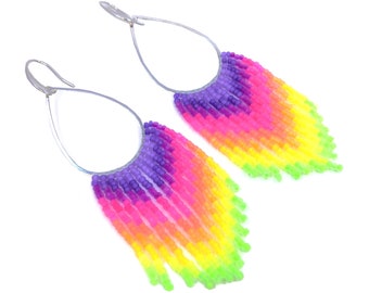 Beaded fringe earrings, rainbow neon gradient & silver teardrop charm