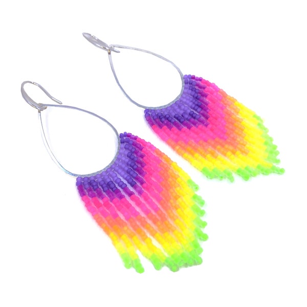 Beaded fringe earrings, rainbow neon gradient & silver teardrop charm
