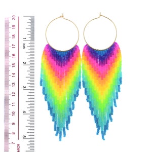 Beaded fringe earrings with rainbow neon gradient on gold stainless steel hoop 35mm hoop, 11/0 seed beads image 3