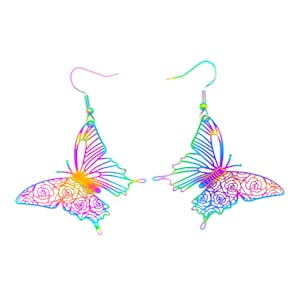 Rainbow multichrome oil slick butterfly filigree dangle stainless steel earrings