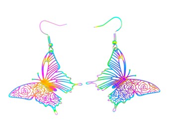 Rainbow multichrome oil slick butterfly filigree dangle stainless steel earrings