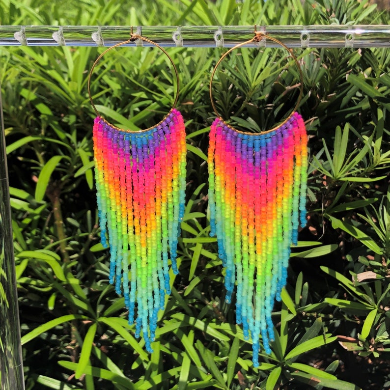 Beaded fringe earrings with rainbow neon gradient on gold stainless steel hoop 35mm hoop, 11/0 seed beads image 6