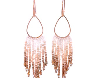 Beaded fringe earrings, soft pink, cream blush and rose gold copper teardrop