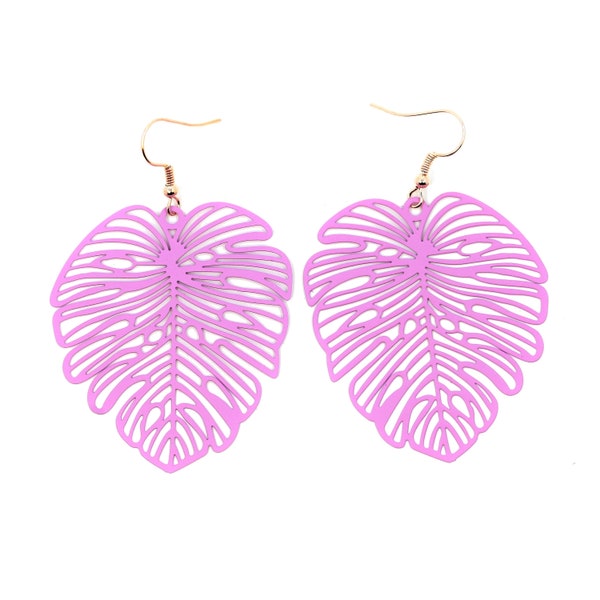 Pastel neon purple monstera leaves earrings, tropical exotic summer vacation jewelry