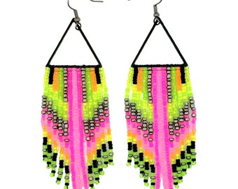 Beaded fringe earrings, rainbow neon gradient & black triangle charm