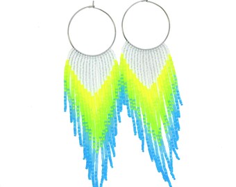 Beaded fringe earrings with yellow green blue neon gradient on stainless steel hoop (30mm hoop, 15/0 seed beads)