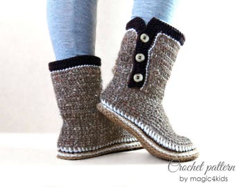 Crochet pattern- women boots with rope soles,soles pattern included,women sizes,slippers,loafers,buttons,adult,girl,cord soles,shoemaking