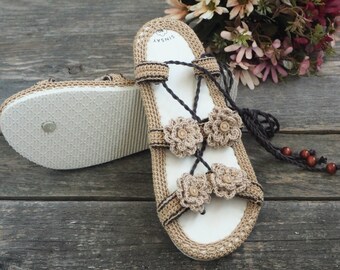GEHAAKT PATROON: Romeinse sandalen op teenslippers, alle damesmaten, easy, summer, schoenen, schoenen, pantoffels, loafers, volwassen maten, meisje, jong