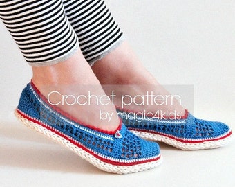 May include: Blue and white crochet slippers with red trim. The slippers have an open weave design and are worn with black and white striped leggings. The text "Crochet pattern by magic4kids" is visible.