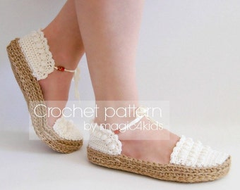 Crochet pattern- ballerina shoes with jute rope soles,soles pattern included,all female sizes,loafers,slippers,mary janes,adult,girl,twine