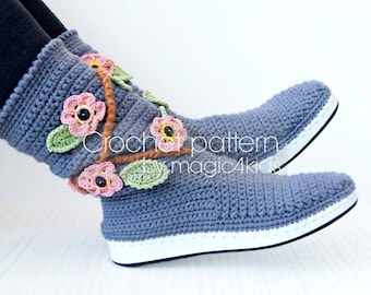 Patrón de crochet: botas de exterior para mujer con flores, botas de crochet con suela de goma, botas de calle, botas de crochet de verano, todas las tallas de mujer, zapatería