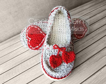 Patrón de crochet- zapatillas de mujer, mocasines, zapatos de casa, para mujeres, niñas, adultos, hilo de espesor medio, look femenino, damas, calzado, corazón, adolescente