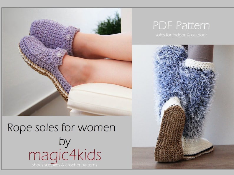 Crochet pattern women rope soles, sizes: 36 to 41 EU/ 5,5 to 9 US, jute,twine,cord,rope,soles,women,girl,shoemaking,adult,knitted slippers image 1