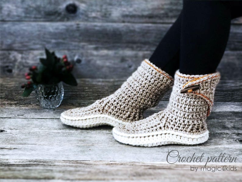 Crochet pattern women adjustable slipper-boots with optional extra outsoles,winter,adult sizes,loafers,footwear,house,bulky yarn,buttons image 3