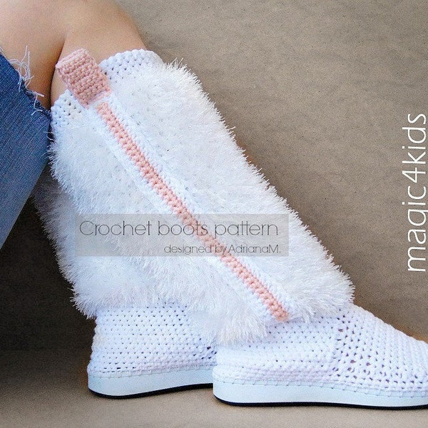 Crochet pattern: furry boots on rubber soles,street crochet boots,mukluks,fancy boots,adult sizes,women,girl,outdoor,shoemaking,eyelash yarn