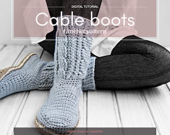 Crochet pattern: women cabled boots,slippers,all women sizes,cables,crochet rope soles,adult,soles pattern included,loafers,girl,cord,twine