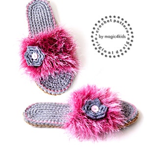 May include: A pair of gray crochet slippers with pink fuzzy trim and a pink flower embellishment. The slippers are on a white background. "Crochet pattern by magic4kids original design" is written in a circle around the image.