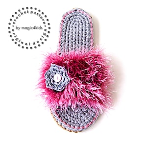 Crochet pattern- women fluffy slippers with rope soles,slip ons,scuffs,clogs,flip-flops,shoes,loafers,eyelash yarn,adult,girl,footwear,teens