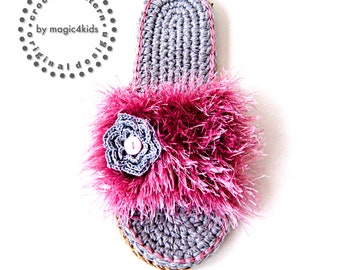 Crochet pattern- women fluffy slippers with rope soles,slip ons,scuffs,clogs,flip-flops,shoes,loafers,eyelash yarn,adult,girl,footwear,teens