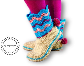 Crochet pattern:women boots on felt soles,all women sizes,loafers,slippers boots,adult,girls,felt soles tutorial included,teen,footwear