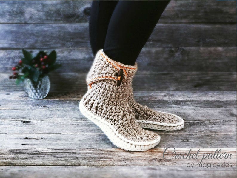 Crochet pattern women adjustable slipper-boots with optional extra outsoles,winter,adult sizes,loafers,footwear,house,bulky yarn,buttons image 2
