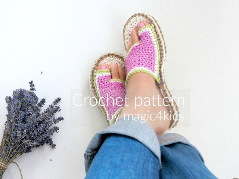 May include: Crochet pattern for pink and green sandals with a beige sole. The sandals are worn by a person with blue jeans. The text "Crochet pattern by magic4kids" is visible.