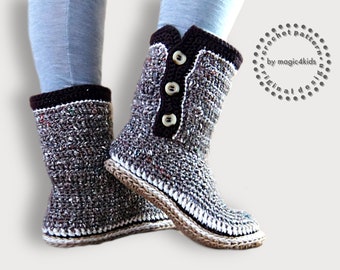 Crochet pattern - Leeana boots with rope soles,soles pattern included,slippers,loafers,women,buttons,adult,teen,cord,footwear