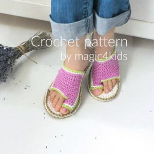 May include: Crochet pattern by magic4kids. A pair of pink and green crocheted sandals with a white sole.