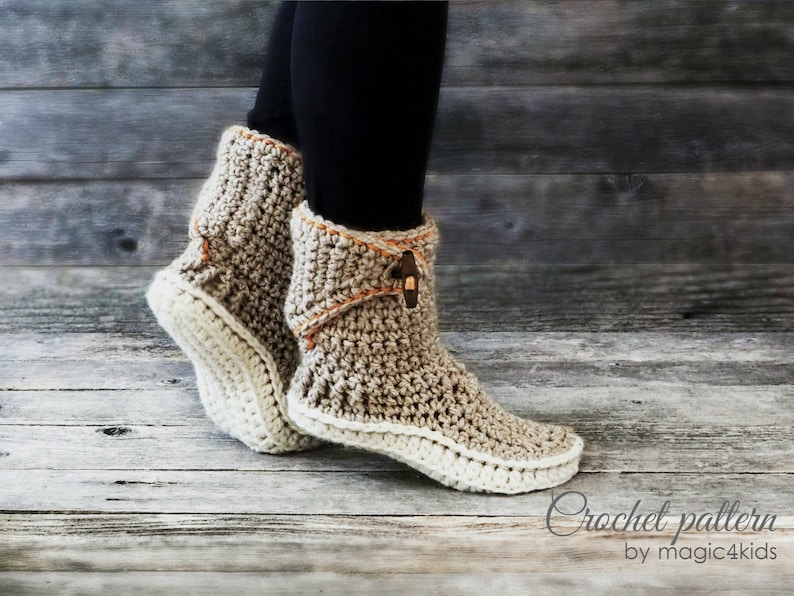 Crochet pattern women adjustable slipper-boots with optional extra outsoles,winter,adult sizes,loafers,footwear,house,bulky yarn,buttons image 1