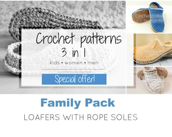 SPECIAL OFFER- 3 crochet patterns for family basic clogs with jute rope soles,all sizes,kids,adult,women,men,slippers,scuffs,loafers,slip on