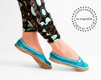 May include: A pair of teal blue crocheted slippers with a white trim and a brown jute sole. The slippers have a small flower embellishment on the toe.