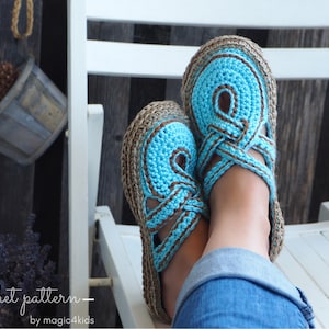 Patrón de ganchillo: zuecos de correas cruzadas para mujer con suelas de cuerda, patrón de suela incluido, zapatillas sin cordones, zapatos, mocasines, desgastes, zapatillas, adulto, cordón