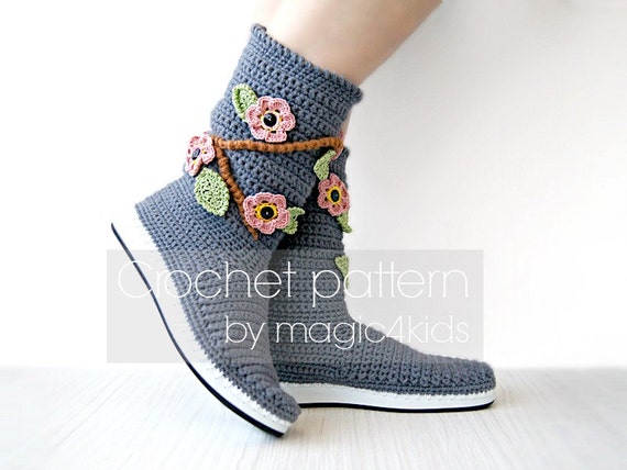 Crochet pattern- women outdoor boots with flowers,crochet boots on rubber soles,street boots,summer crochet boots,all women sizes,shoemaking