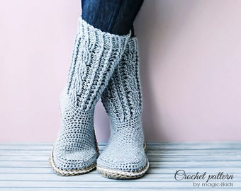 Crochet pattern: women boots with rope soles,soles pattern included,all women sizes, loafers,slippers,socks,adult,girls,cables,cord,twine