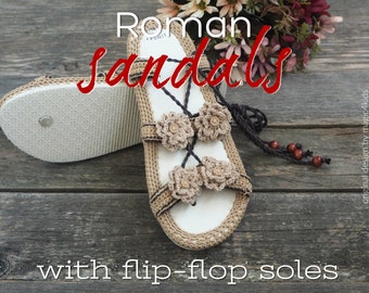 GEHAAKT PATROON: Romeinse sandalen op teenslippers, alle damesmaten, easy, summer, schoenen, schoenen, pantoffels, loafers, volwassen maten, meisje, jong