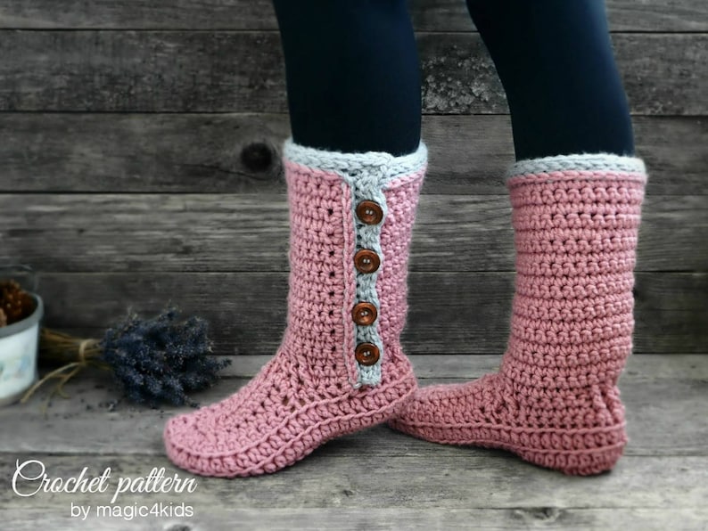 Crochet pattern women buttoned slipper-boots with additional outsoles,winter,boots,adult sizes,loafers,footwear,house,shoes,bulky yarn image 1