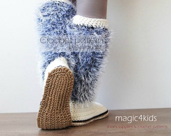 Crochet pattern - women boots with rope soles,soles pattern included,women sizes,cord soles,fuzzy,eyelash,adult boots,girl,shoemaking